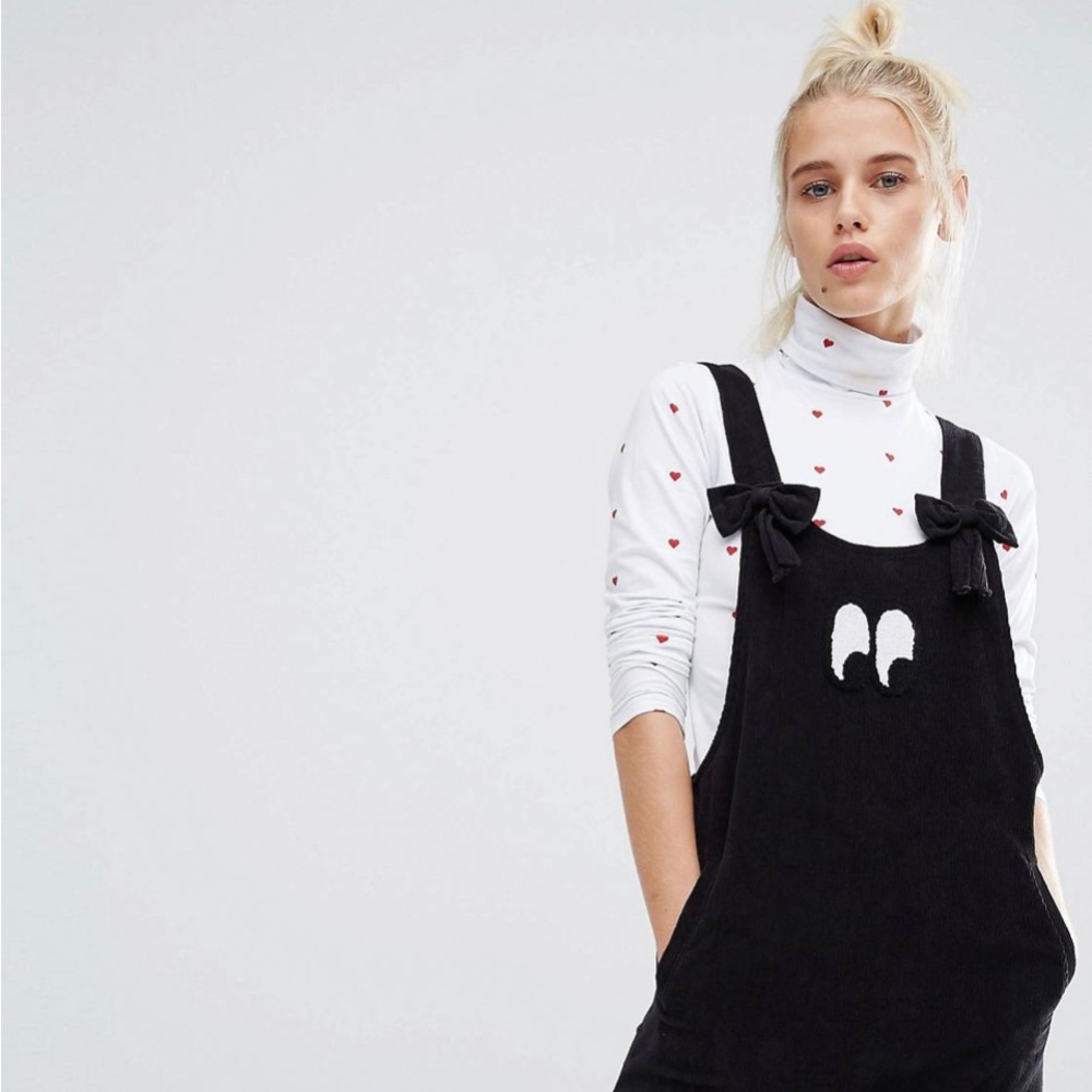 Lazy Oaf Bow Strap Eyeball Jumper Dress In Corduroy